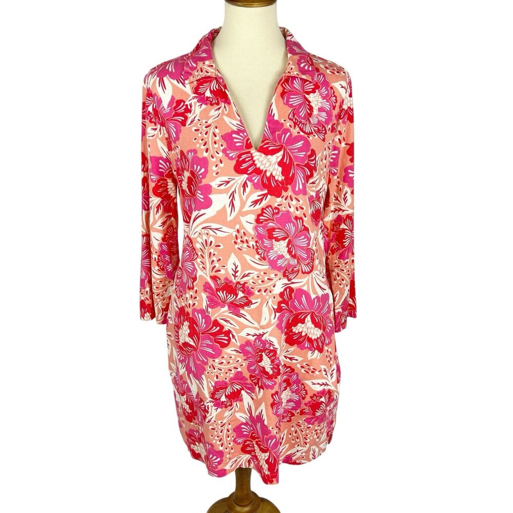 Sigrid Olsen Floral Hawaiian Print 3/4 Bell Sleeve Linen Blend Shift Dress 8